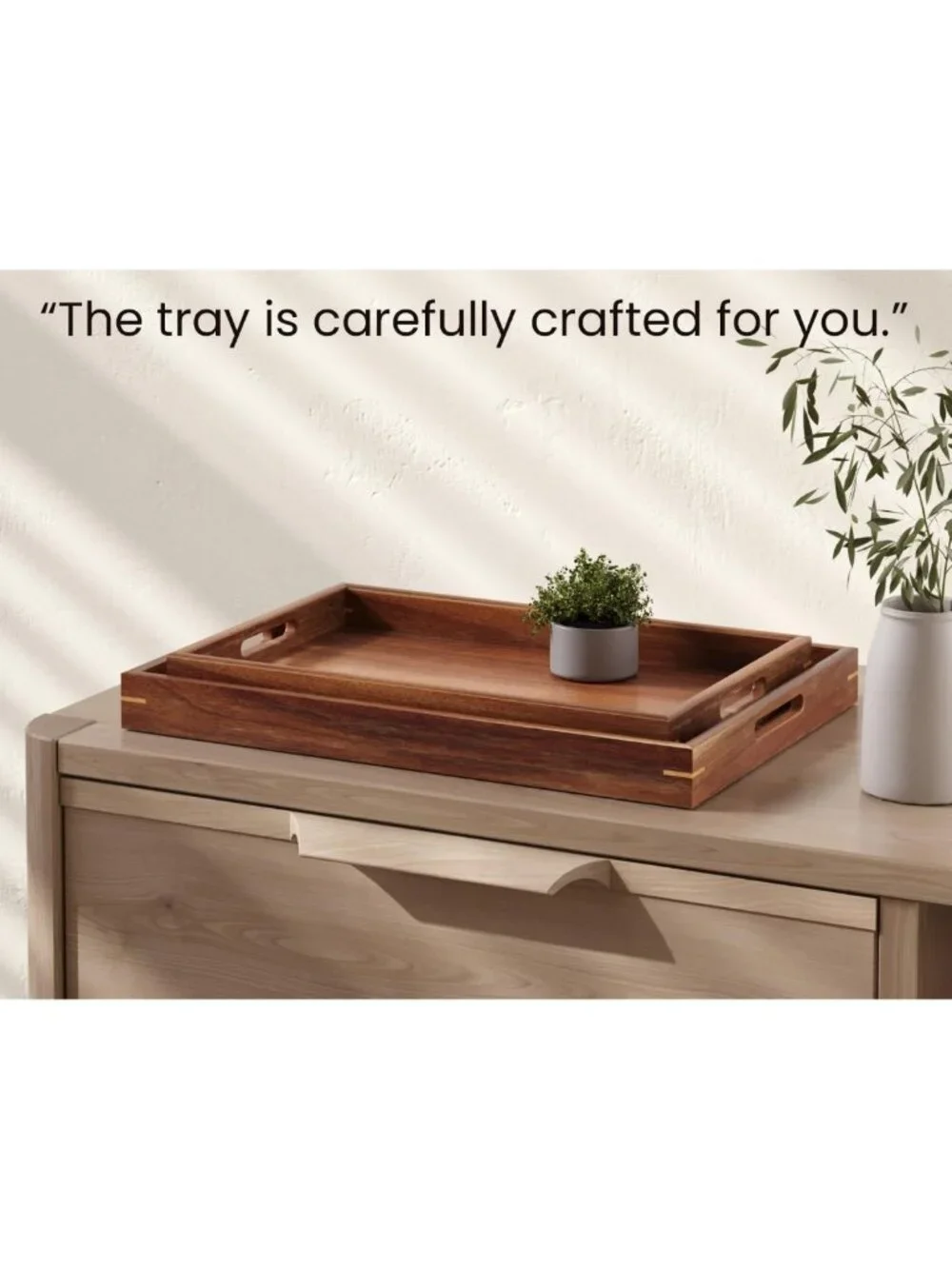 Set of 2 Acacia Wood Serving Trays with Handles - Rustic Kitchen Decor